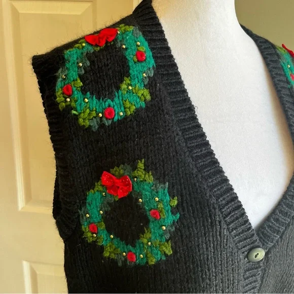 Vintage Christmas Sweater Vest Knit Holiday Wreaths Ugly Xmas Party Women’s L - Picture 3 of 10
